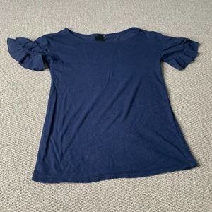 Heather Womens Shirt Size Petite Blue Short Sleeves Ruffle Cuffs Pullover Casual